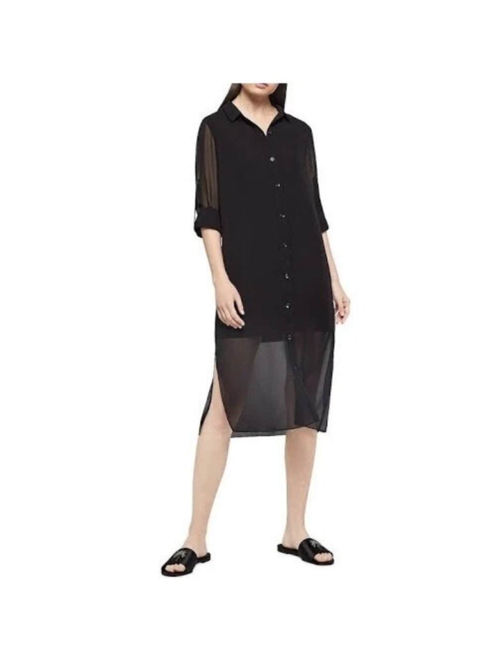 BCBGeneration Black Gauzy Cover Up L Shirtdress